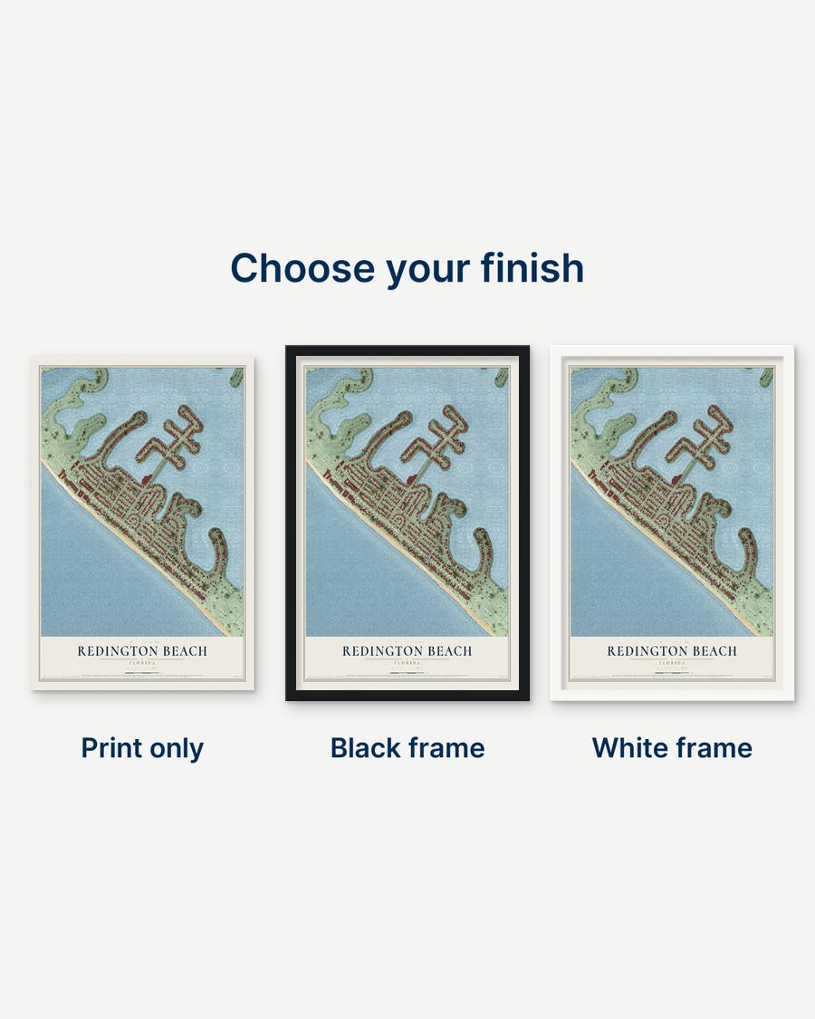 The Redington Beach, Florida map as a print only, in a black frame and in a white frame