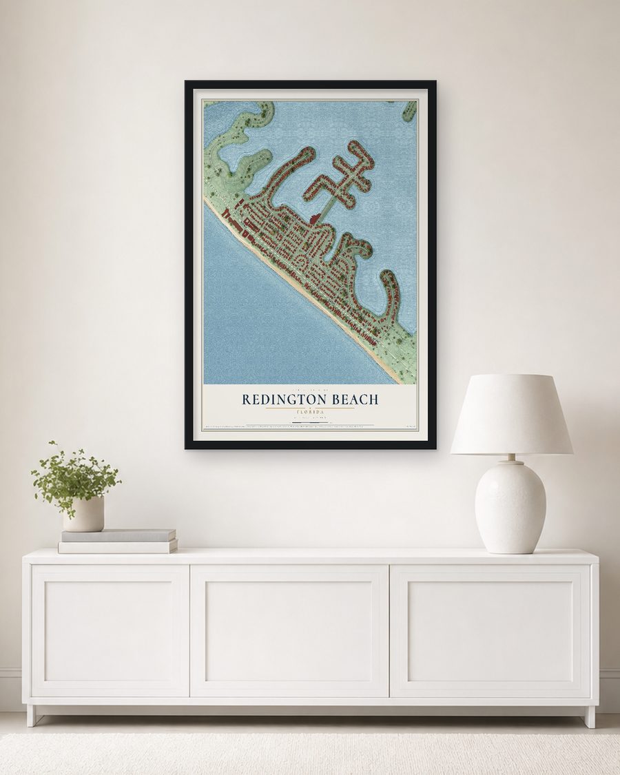 The Redington Beach, Florida map, 24 x 36 in, in a black wood frame on a living room wall