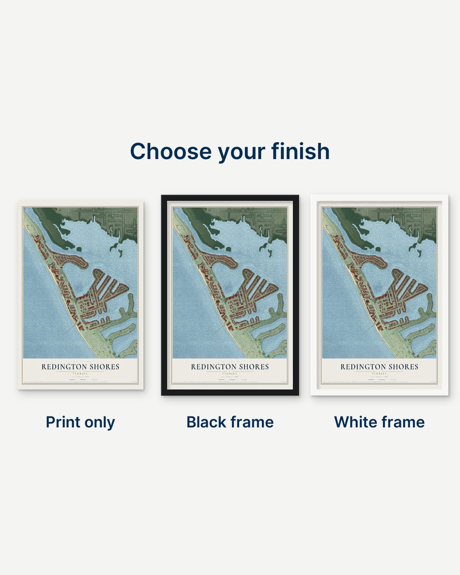 The Redington Shores, Florida map as a print only, in a black frame and in a white frame
