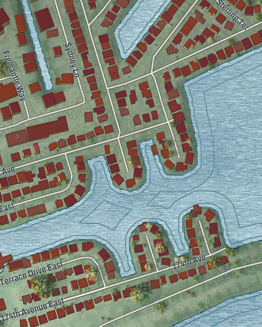 Close-up of Redington Shores streets on the map