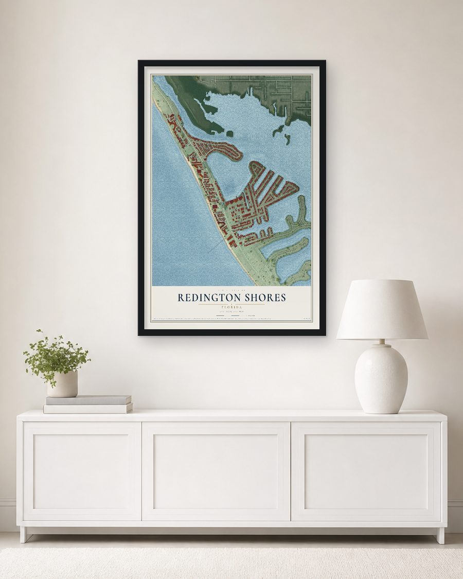 The Redington Shores, Florida map, 24 x 36 in, in a black wood frame on a living room wall
