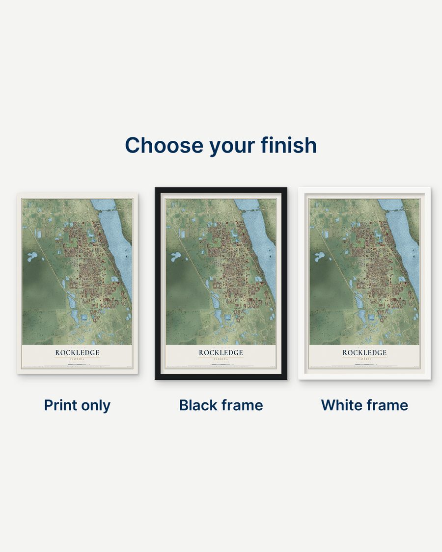 The Rockledge, Florida map as a print only, in a black frame and in a white frame