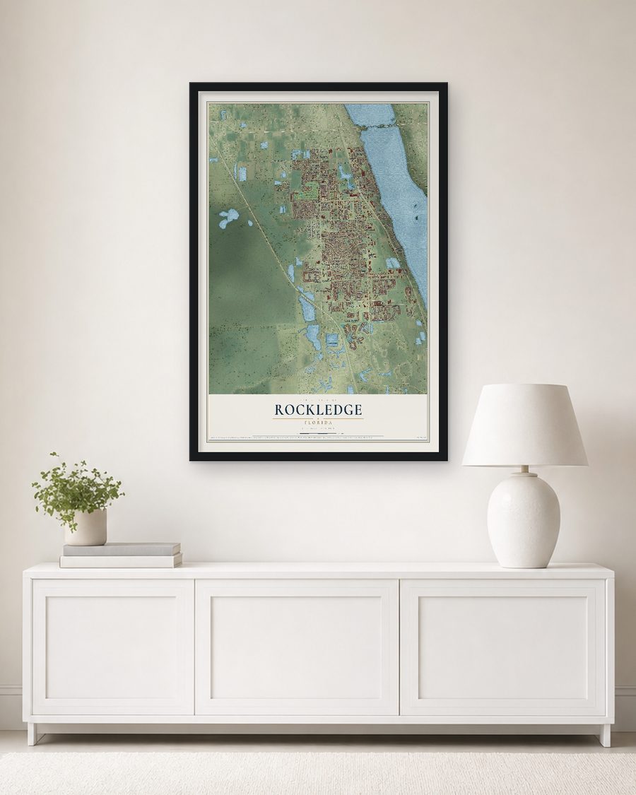 The Rockledge, Florida map, 24 x 36 in, in a black wood frame on a living room wall