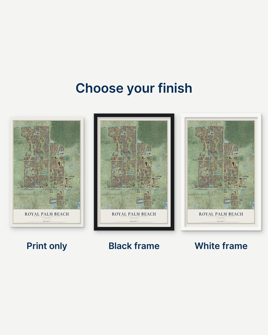The Royal Palm Beach, Florida map as a print only, in a black frame and in a white frame