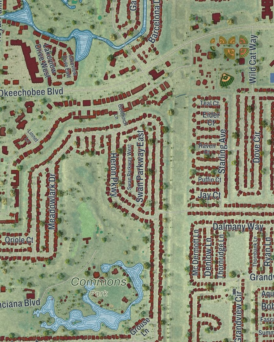 Close-up of Royal Palm Beach streets on the map