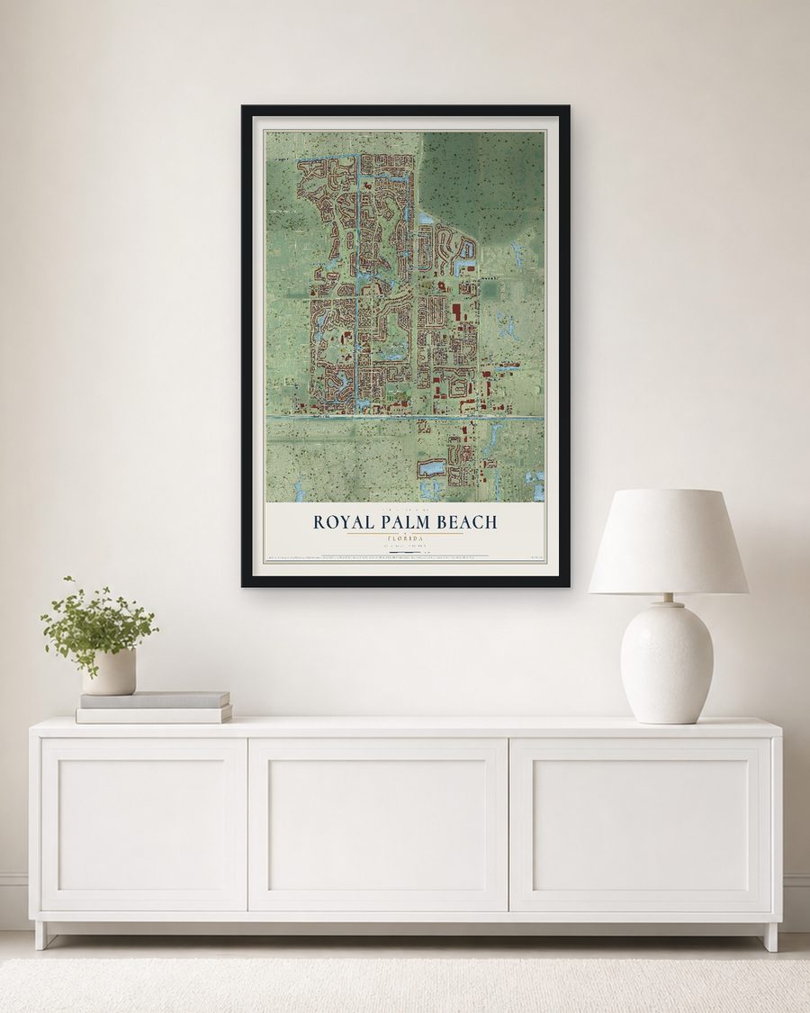 The Royal Palm Beach, Florida map, 24 x 36 in, in a black wood frame on a living room wall