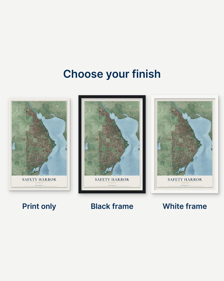 The Safety Harbor, Florida map as a print only, in a black frame and in a white frame