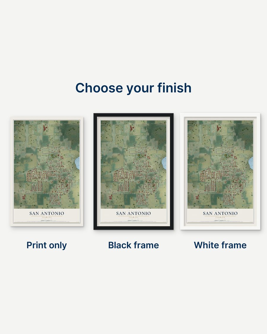 The San Antonio, Florida map as a print only, in a black frame and in a white frame