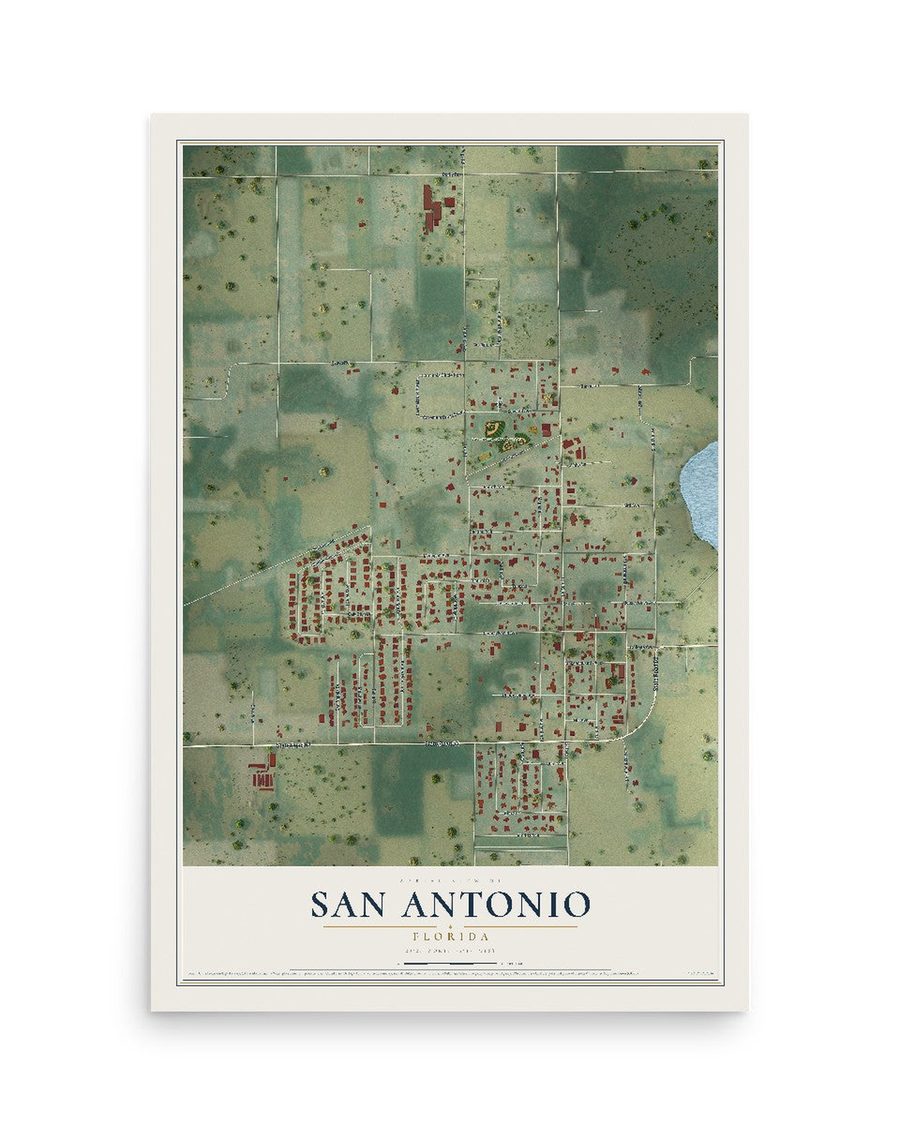 San Antonio, Florida map print, 12 x 18 in, print only