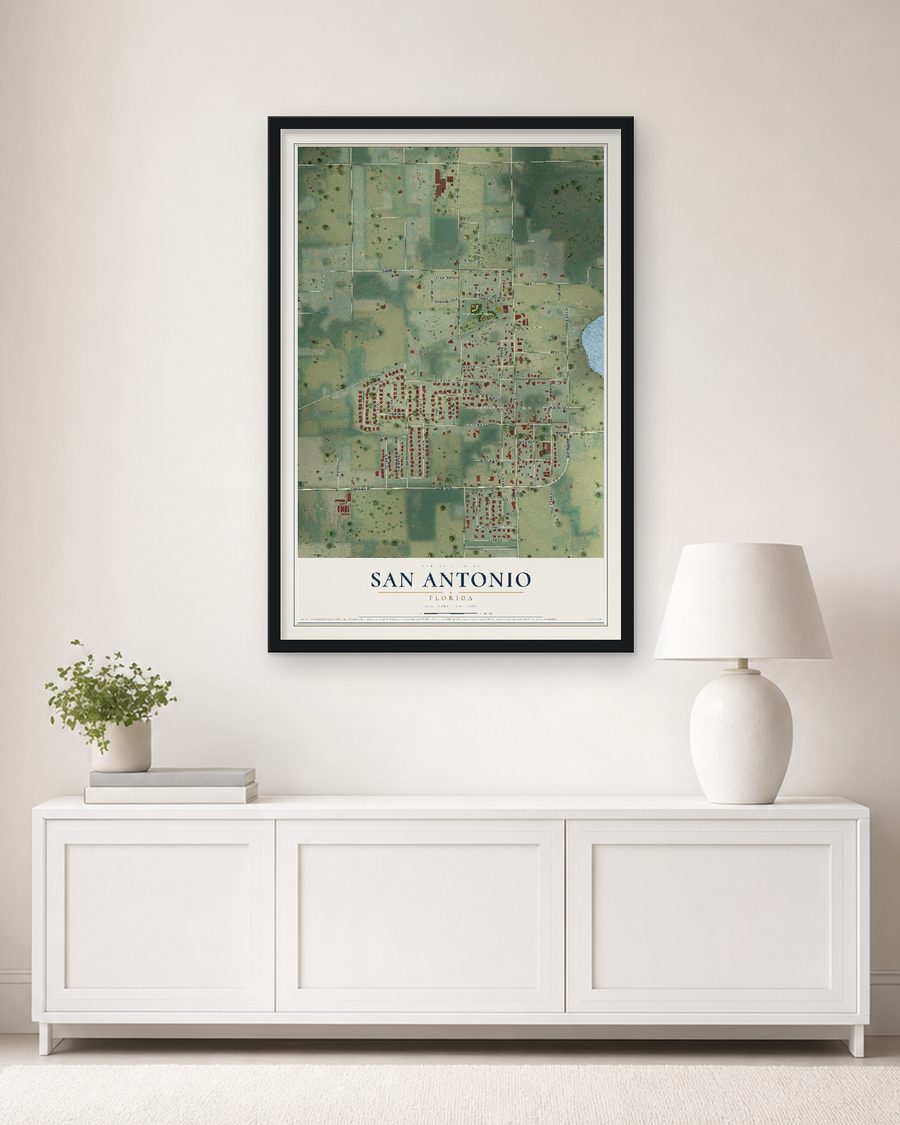 The San Antonio, Florida map, 24 x 36 in, in a black wood frame on a living room wall