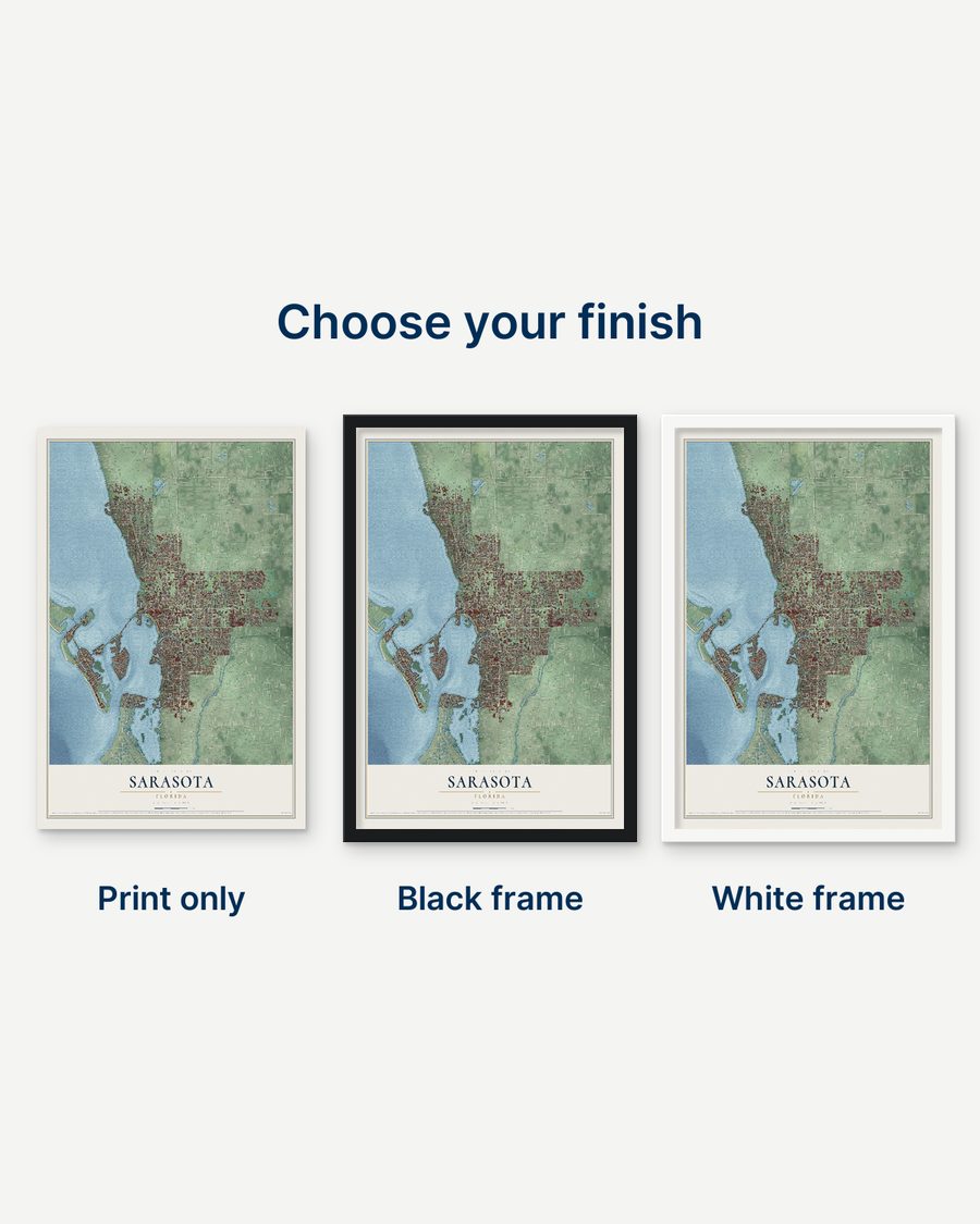 The Sarasota, Florida map as a print only, in a black frame and in a white frame