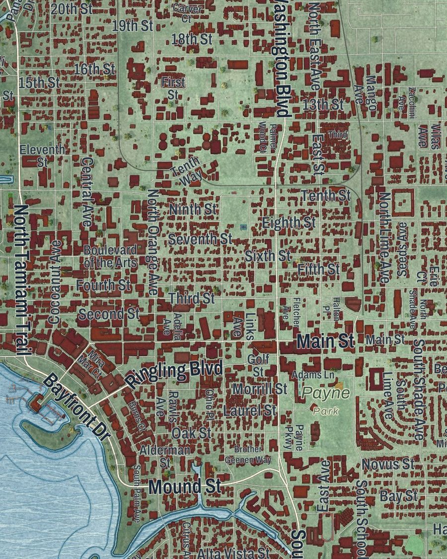 Close-up of Sarasota streets on the map
