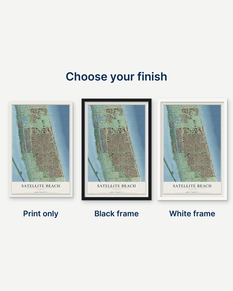 The Satellite Beach, Florida map as a print only, in a black frame and in a white frame