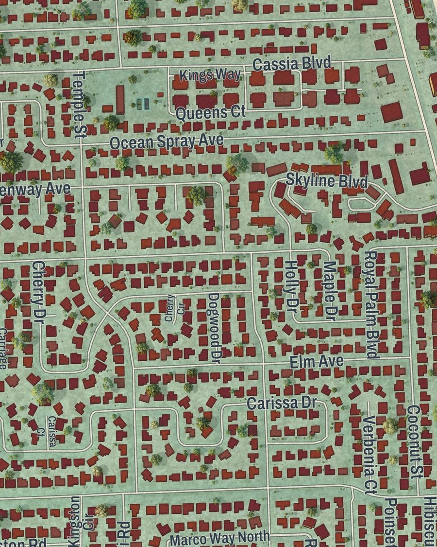 Close-up of Satellite Beach streets on the map