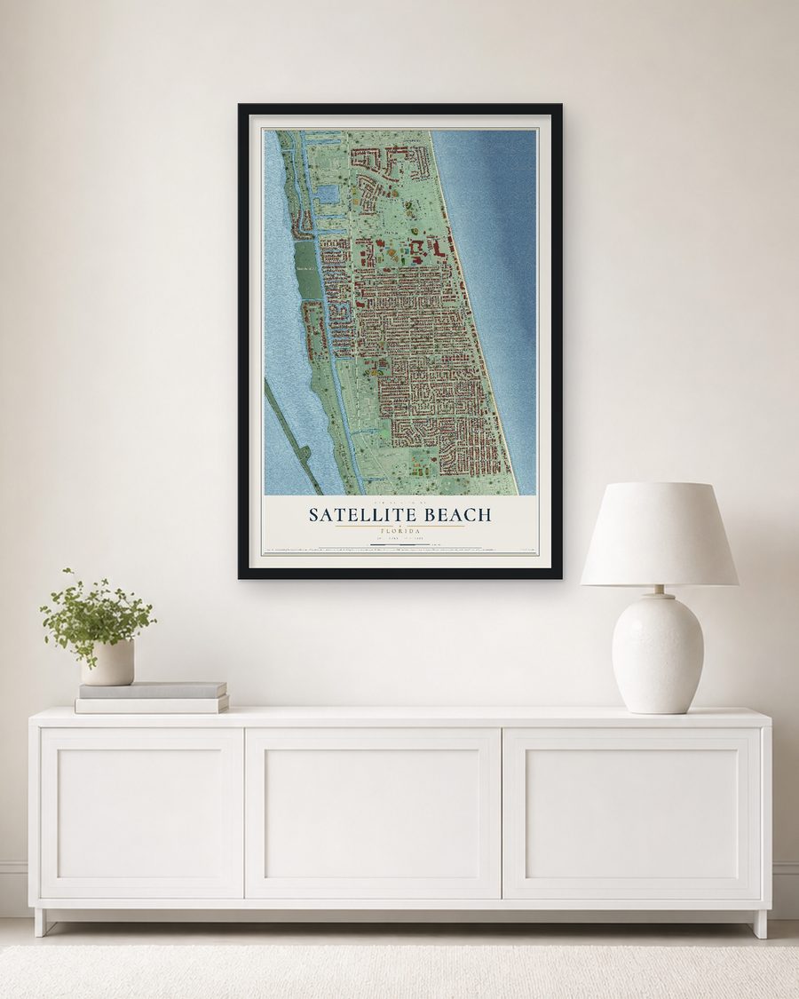 The Satellite Beach, Florida map, 24 x 36 in, in a black wood frame on a living room wall