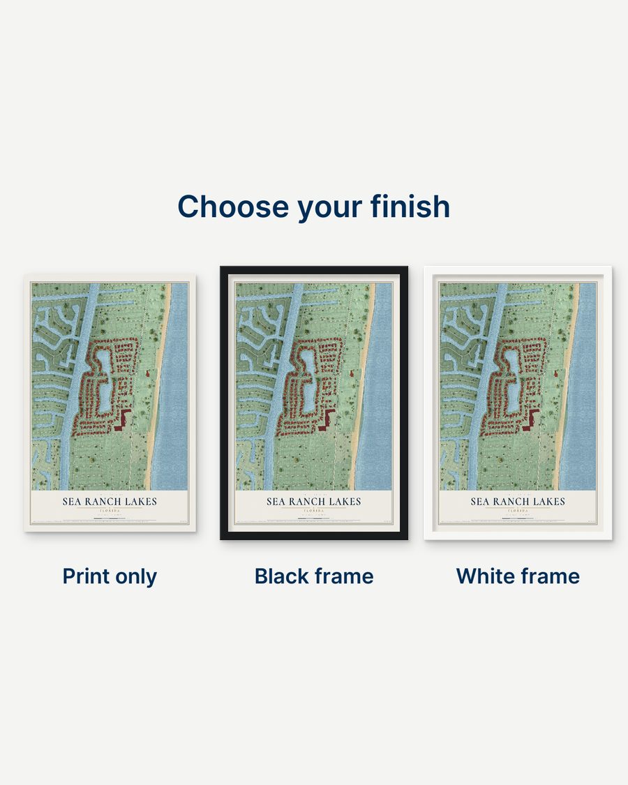 The Sea Ranch Lakes, Florida map as a print only, in a black frame and in a white frame