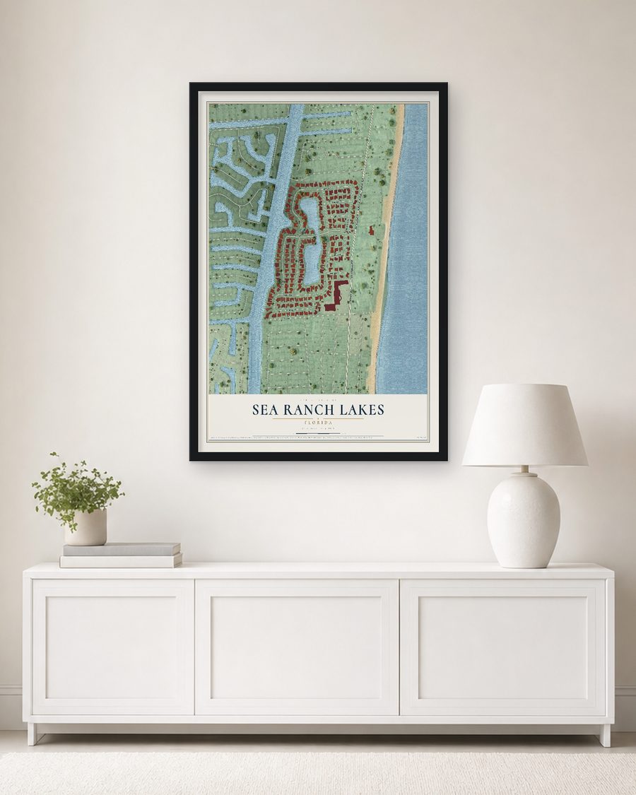The Sea Ranch Lakes, Florida map, 24 x 36 in, in a black wood frame on a living room wall