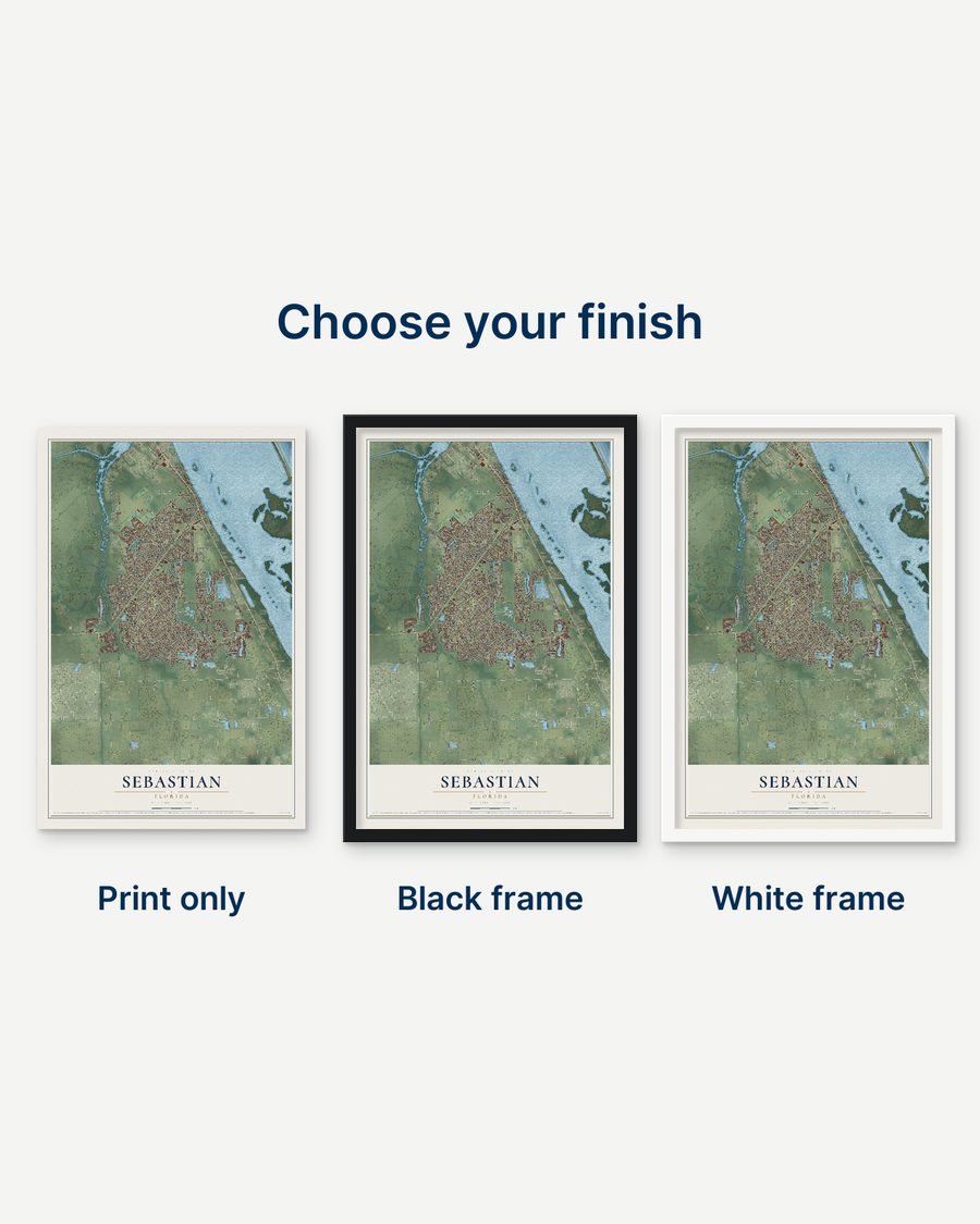 The Sebastian, Florida map as a print only, in a black frame and in a white frame