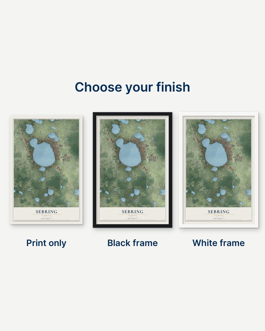 The Sebring, Florida map as a print only, in a black frame and in a white frame
