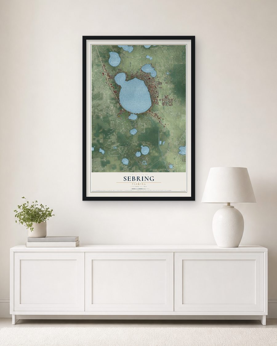 The Sebring, Florida map, 24 x 36 in, in a black wood frame on a living room wall