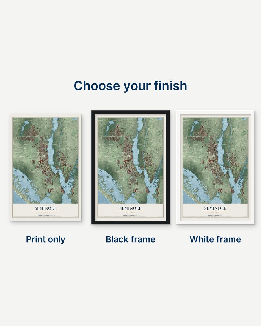 The Seminole, Florida map as a print only, in a black frame and in a white frame