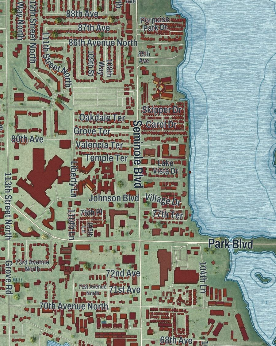 Close-up of Seminole streets on the map