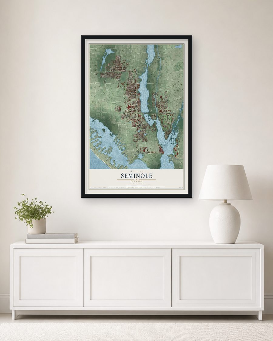 The Seminole, Florida map, 24 x 36 in, in a black wood frame on a living room wall