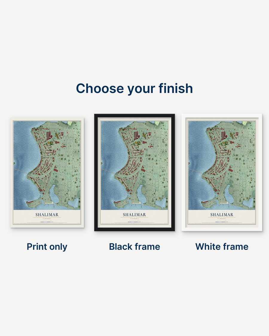 The Shalimar, Florida map as a print only, in a black frame and in a white frame