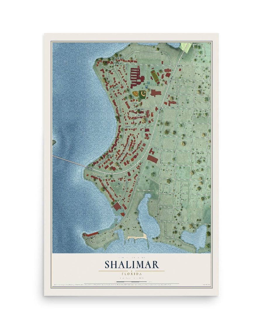 Shalimar, Florida map print, 12 x 18 in, print only