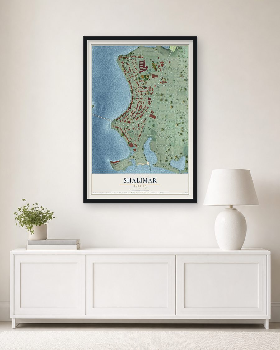 The Shalimar, Florida map, 24 x 36 in, in a black wood frame on a living room wall