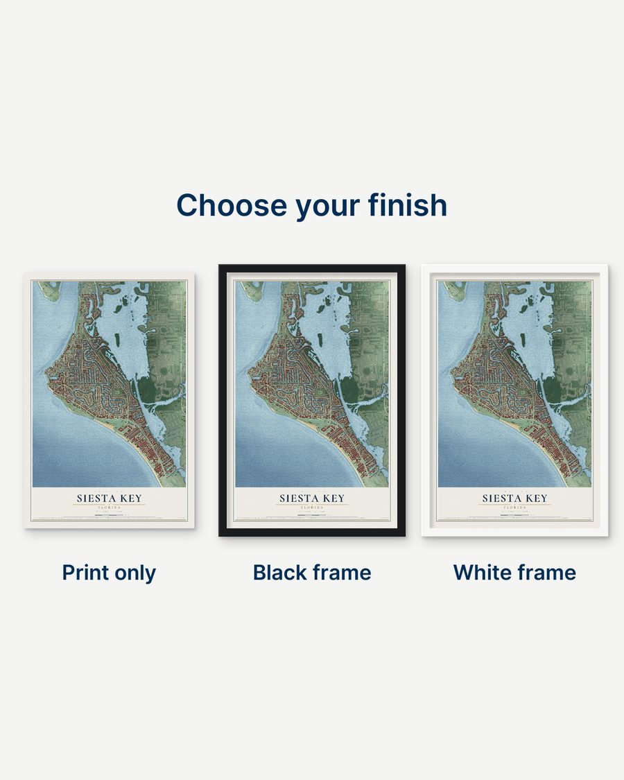 The Siesta Key, Florida map as a print only, in a black frame and in a white frame