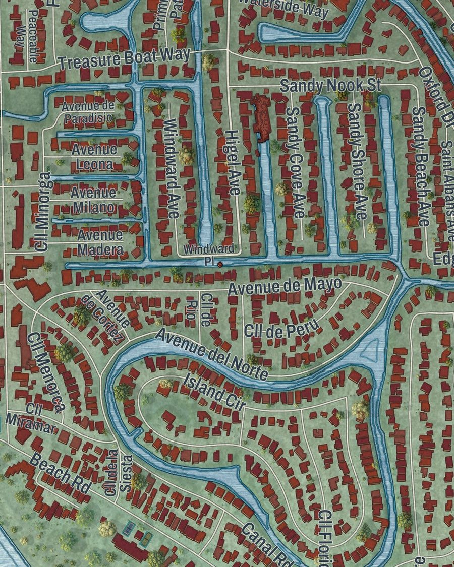 Close-up of Siesta Key streets on the map