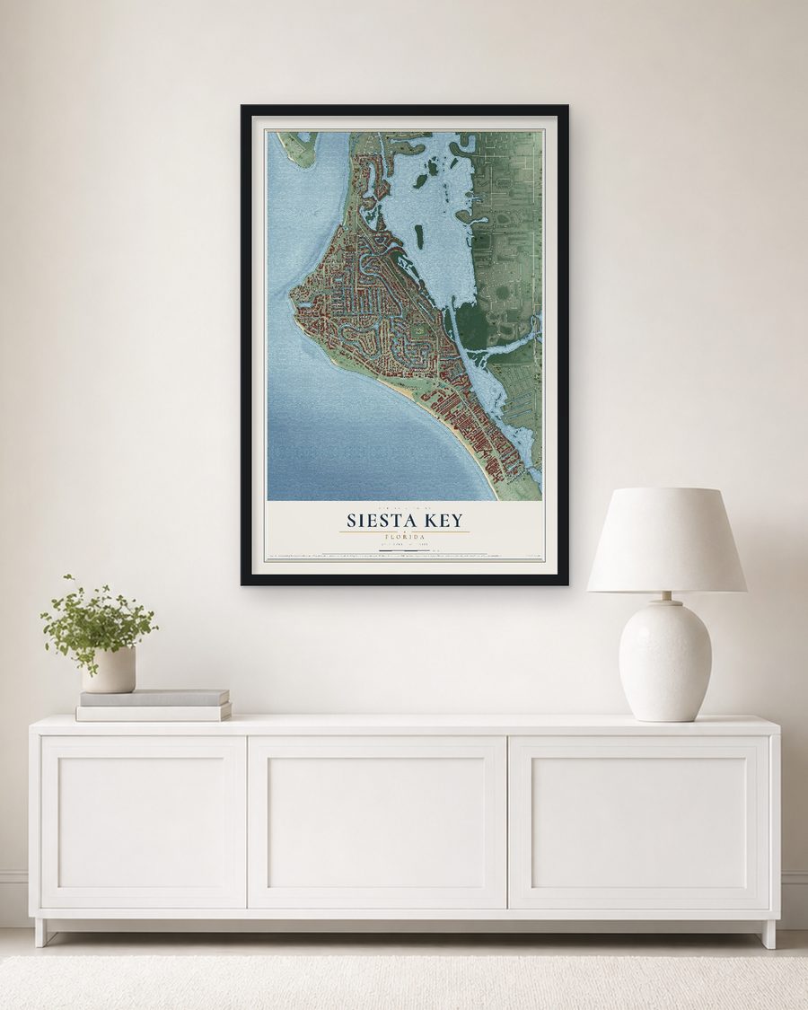 The Siesta Key, Florida map, 24 x 36 in, in a black wood frame on a living room wall
