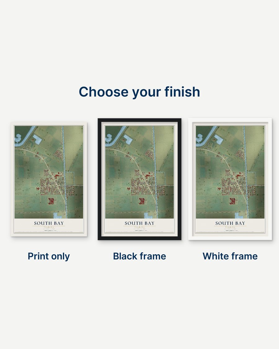 The South Bay, Florida map as a print only, in a black frame and in a white frame