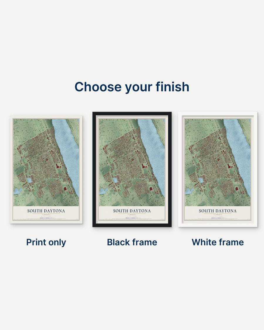 The South Daytona, Florida map as a print only, in a black frame and in a white frame