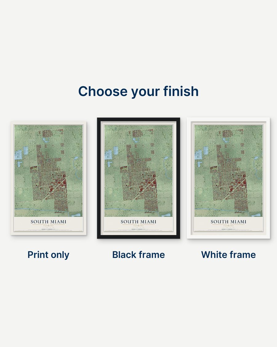 The South Miami, Florida map as a print only, in a black frame and in a white frame