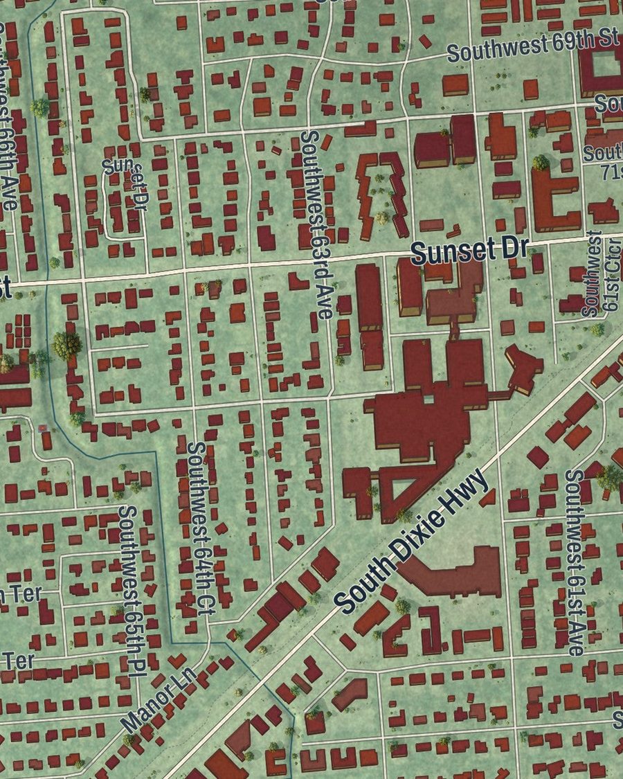 Close-up of South Miami streets on the map