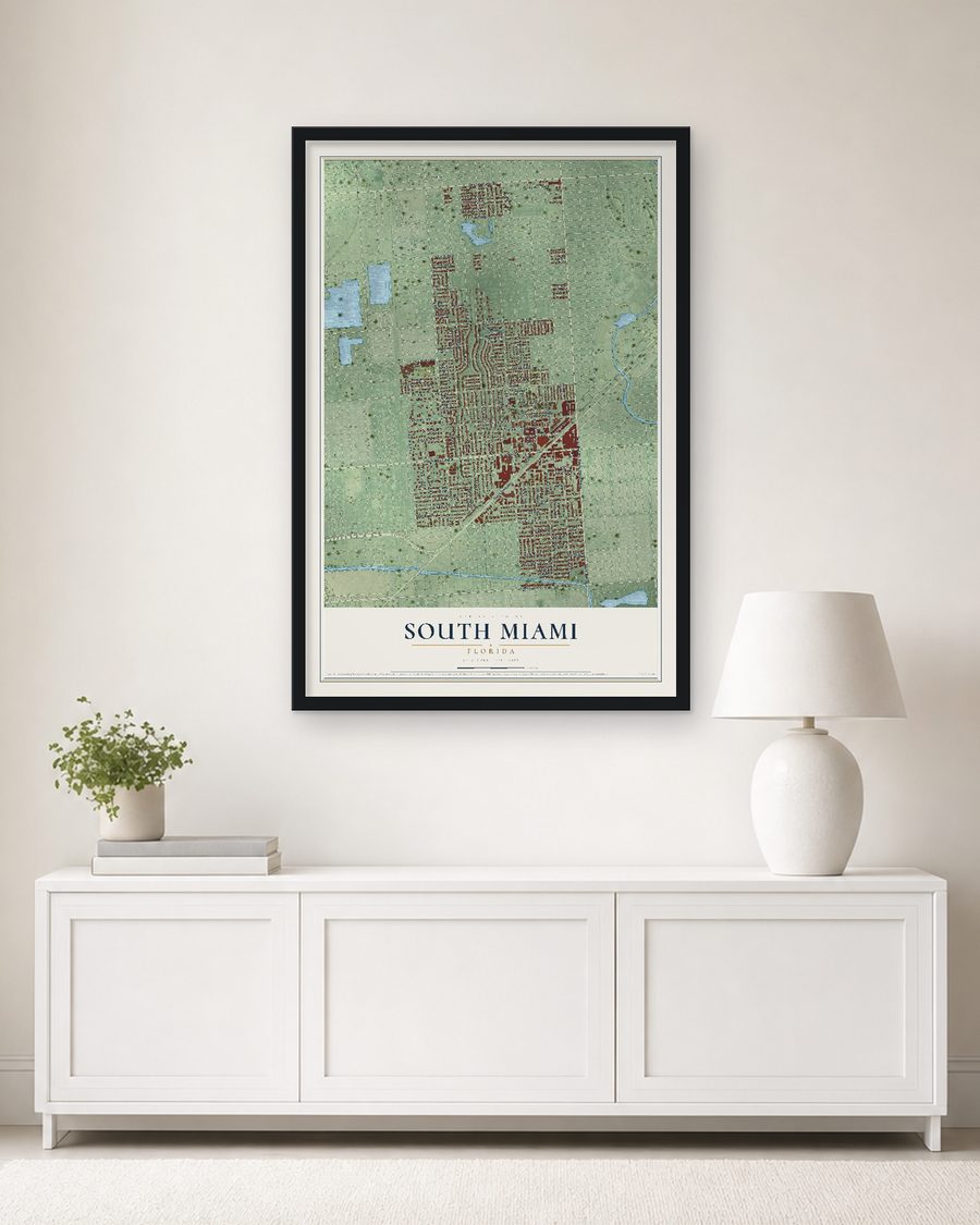 The South Miami, Florida map, 24 x 36 in, in a black wood frame on a living room wall