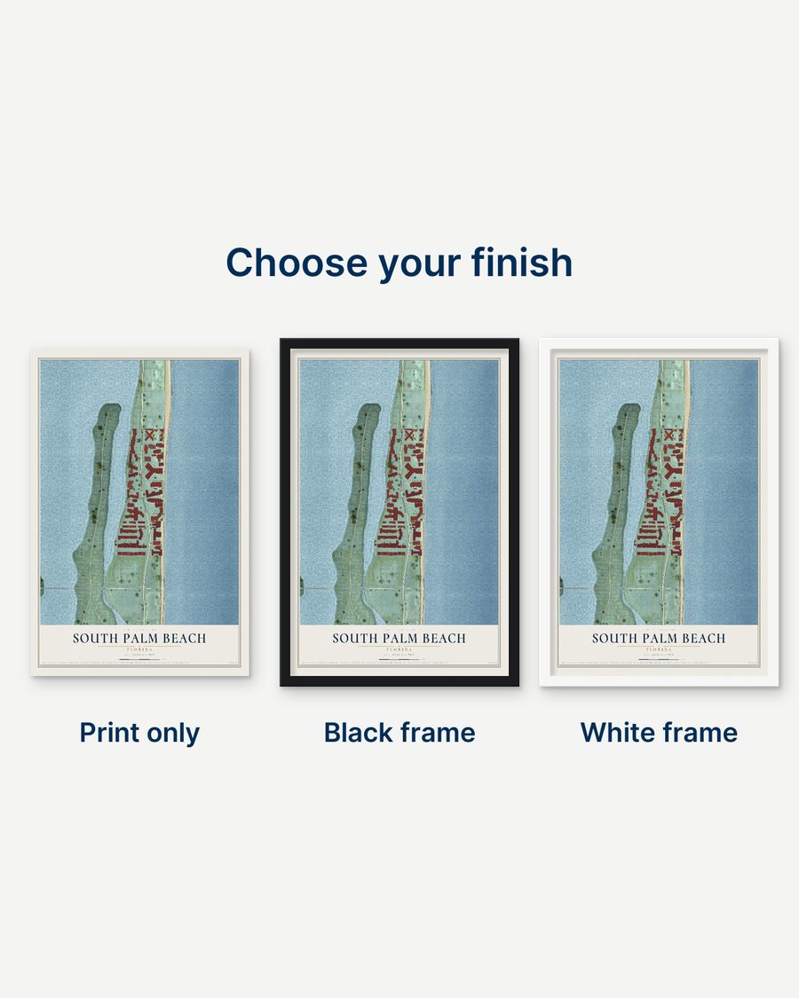 The South Palm Beach, Florida map as a print only, in a black frame and in a white frame