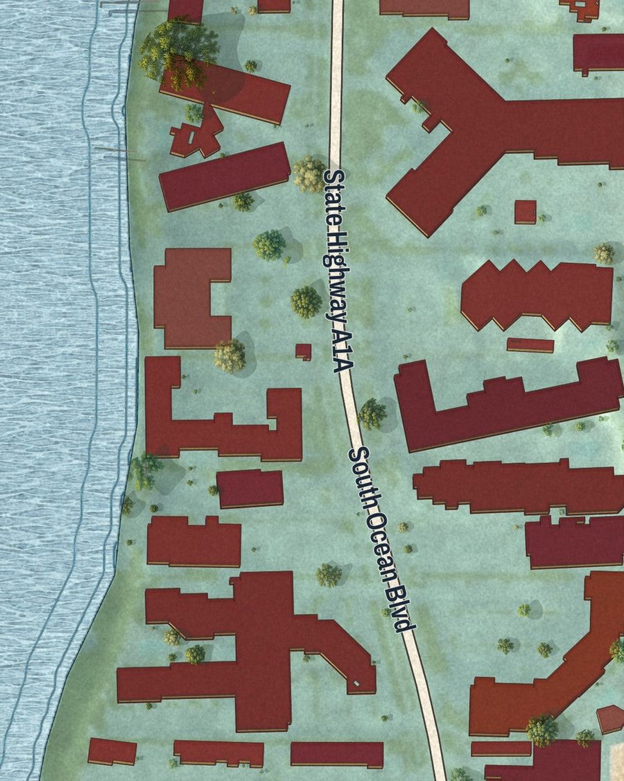 Close-up of South Palm Beach streets on the map