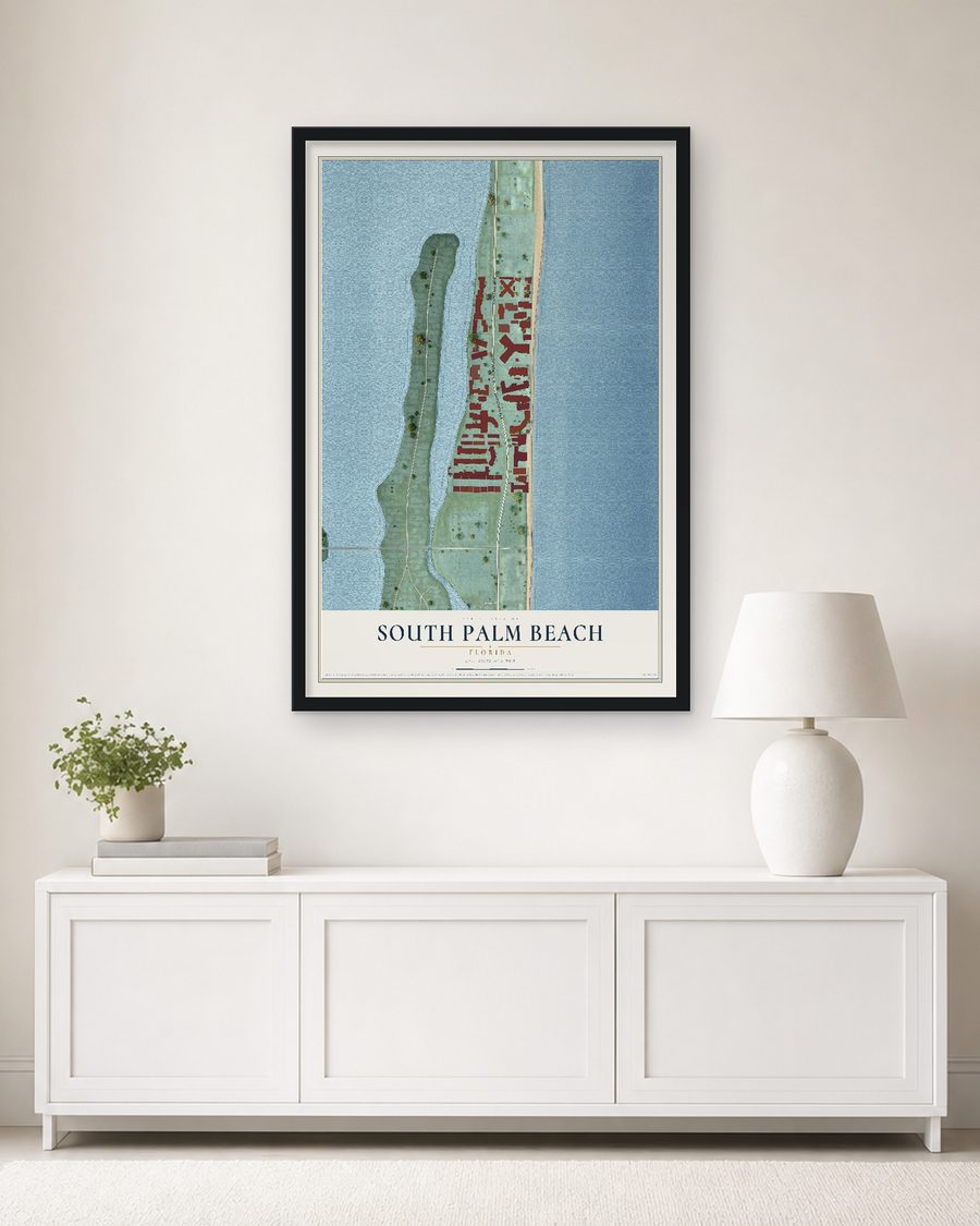 The South Palm Beach, Florida map, 24 x 36 in, in a black wood frame on a living room wall