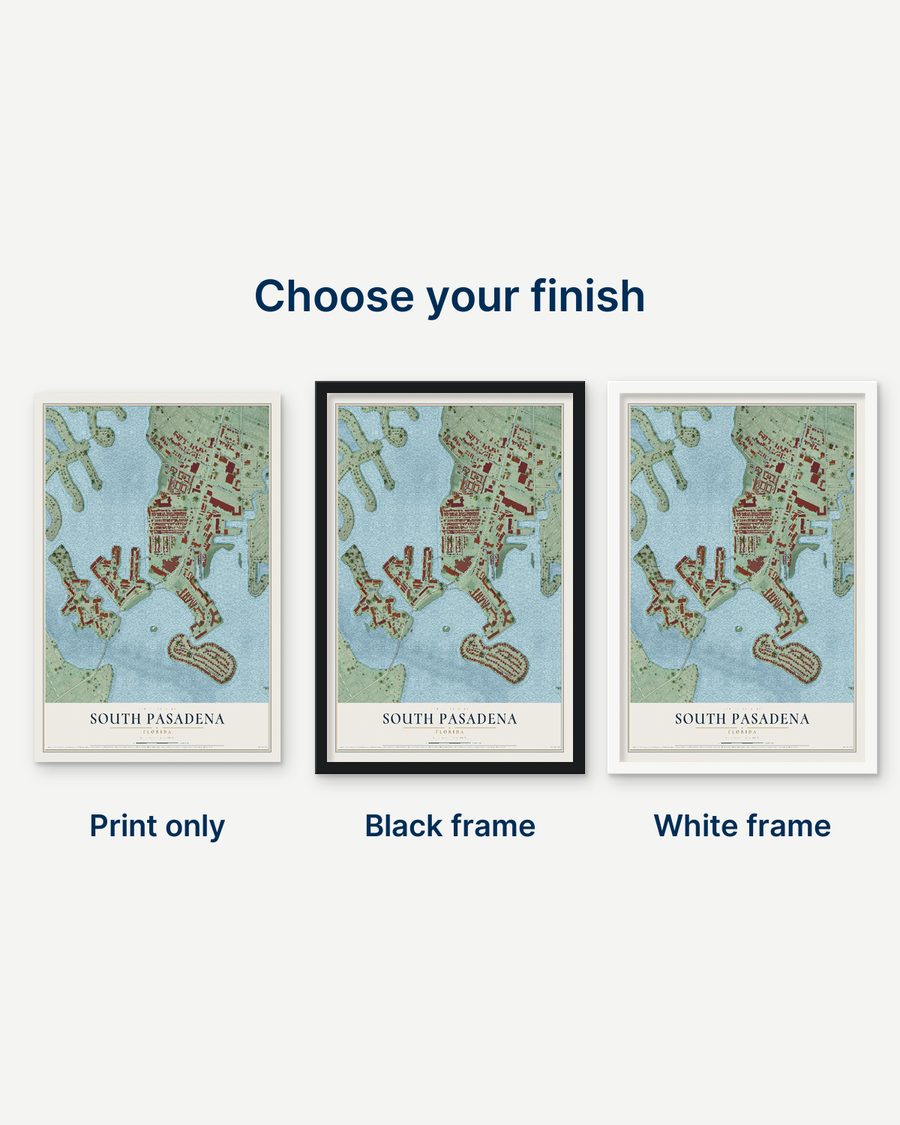 The South Pasadena, Florida map as a print only, in a black frame and in a white frame
