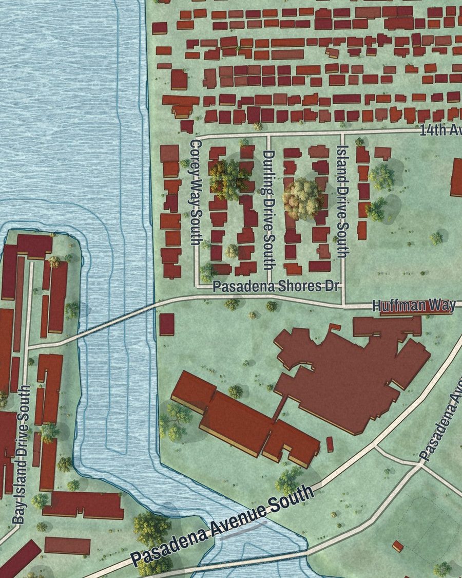 Close-up of South Pasadena streets on the map