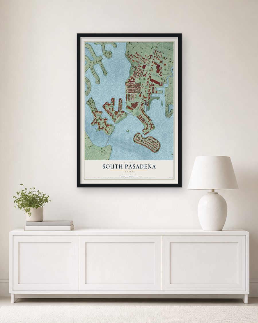 The South Pasadena, Florida map, 24 x 36 in, in a black wood frame on a living room wall