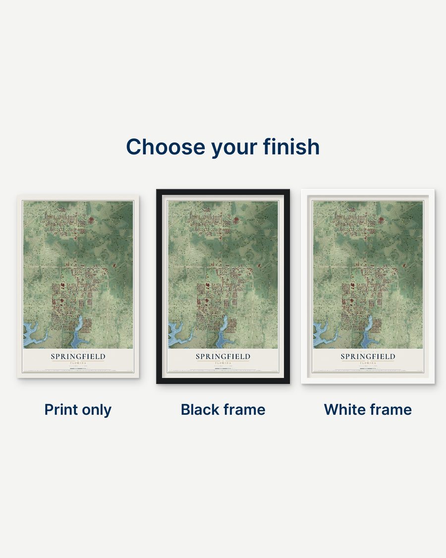The Springfield, Florida map as a print only, in a black frame and in a white frame
