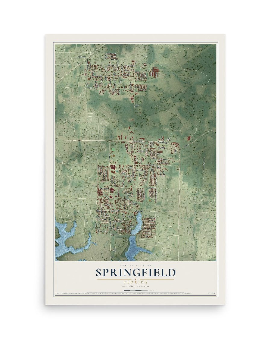 Springfield, Florida map print, 12 x 18 in, print only