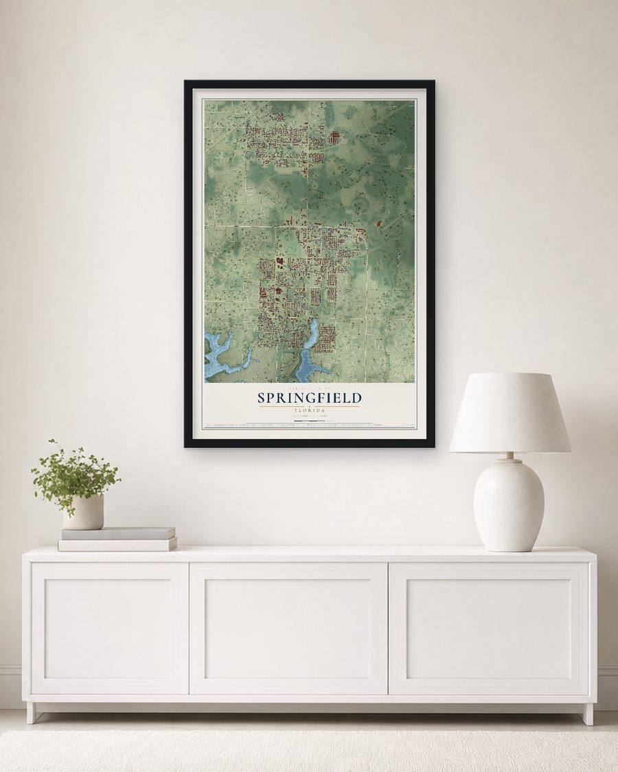 The Springfield, Florida map, 24 x 36 in, in a black wood frame on a living room wall