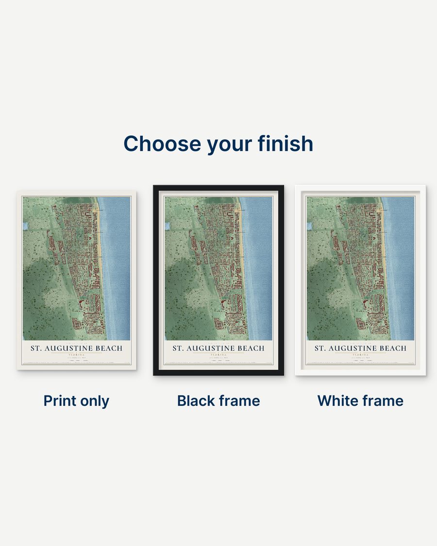 The St. Augustine Beach, Florida map as a print only, in a black frame and in a white frame