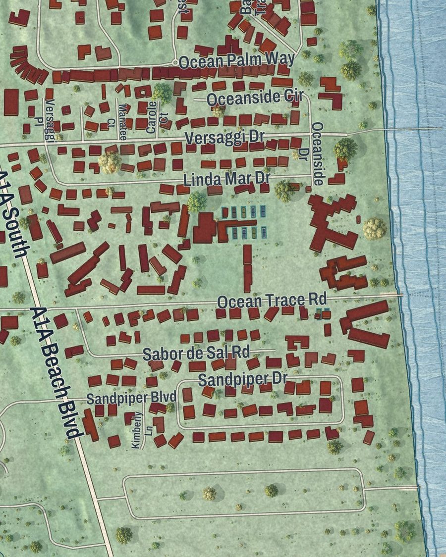 Close-up of St. Augustine Beach streets on the map