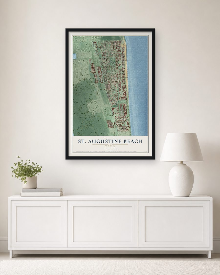 The St. Augustine Beach, Florida map, 24 x 36 in, in a black wood frame on a living room wall